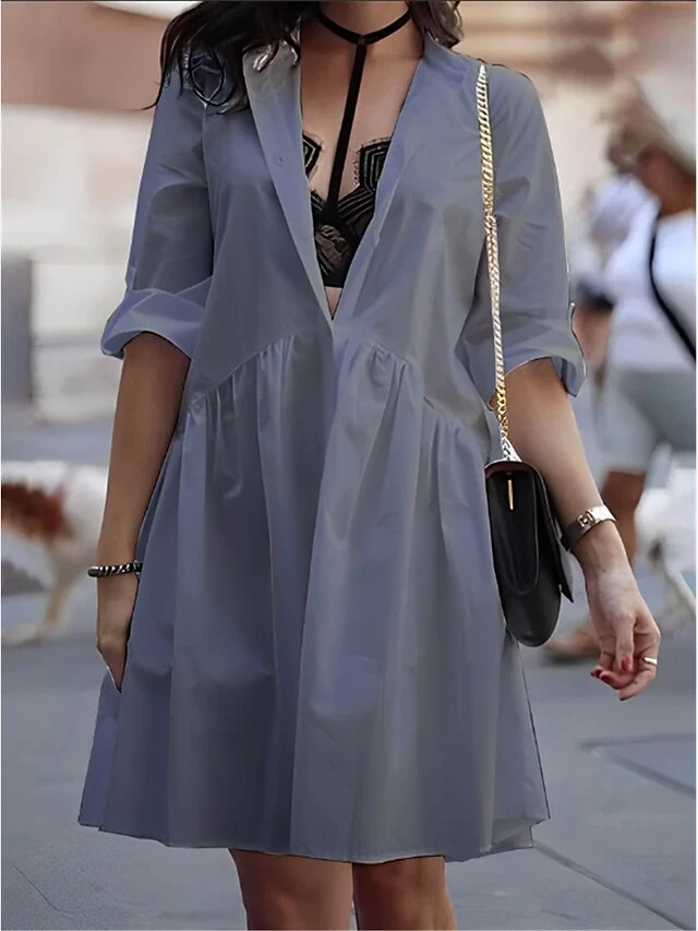 Women's Shirt Dress Casual Dress Mini Dress Outdoor Daily Cotton Basic Classic Shirt Collar Button Long Sleeve Summer Spring Fall 2023 Loose Fit Black White Navy Blue Pure Color S M L XL 2XL 2 Women's Shirt Dress Casual Dress Mini Dress Outdoor Daily Cotton Basic Classic Shirt Collar Button Long Sleeve Summer Spring Fall 2023 Loose Fit Black White Navy Blue Pure Color S M L XL 2XL - Image 2