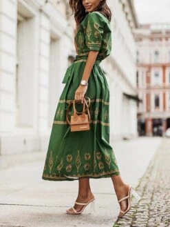 Women's Casual Dress Cotton Linen Dress White Dress Midi Dress Polyester Fashion Gothic Outdoor Daily Vacation Stand Collar Print Half Sleeve Summer Spring Fall 2023 Loose Fit Black Green Apricot -HAYz Clothing Shop bttmbt1690369992826