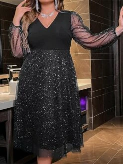 Women's Plus Size Curve Party Dress Cocktail Dress Swing Dress Maxi Dress Black Navy Blue Long Sleeve Polka Dot Mesh Spring Fall Winter V Neck Fashion Birthday Wedding Guest Vacation XL XXL -HAYz Clothing Shop buknlk1692175627068