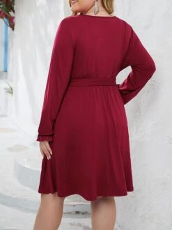 Women's Plus Size Curve Casual Dress Sheath Dress Black Dress Plain Midi Dress Long Sleeve Lace Up Ruched V Neck Fashion Outdoor Black Red Fall Winter XL XXL 3XL 4XL 5XL -HAYz Clothing Shop bumhgy1695095469522