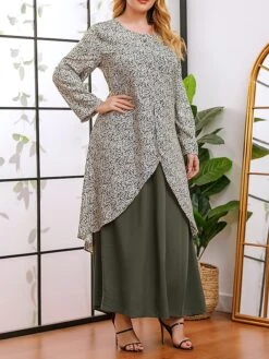 Women's Plus Size Curve Casual Dress A Line Dress Floral Dress Solid Color Floral Long Dress Maxi Dress Long Sleeve Fake Two Piece Crew Neck Fashion Party Green Fall Winter XL XXL 3XL 4XL -HAYz Clothing Shop bvctqk1695018765348