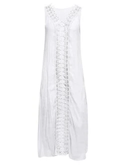 Women's Casual Dress Cotton Linen Dress White Dress Maxi Long Dress Polyester Lace Fashion Daily Weekend V Neck Lace Split Sleeveless Summer 2023 Loose Fit Lake Blue Black White Plain S M L XL 2XL -HAYz Clothing Shop bvepit1686105100835