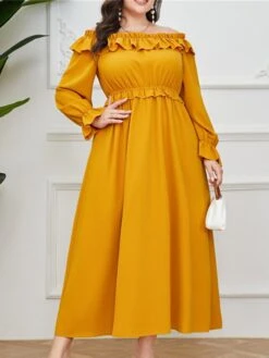 Women's Plus Size Prom Dress Party Dress Wedding Guest Dress Long Dress Maxi Dress Yellow Long Sleeve Pure Color Ruffle Fall Winter Autumn Off Shoulder Fashion Winter Dress Evening Party Wedding Guest