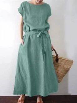 Women's Casual Dress Cotton Linen Dress Swing Dress Maxi Long Dress Cotton Blend Casual Boho Outdoor Daily Holiday Boat Neck Lace Up Pocket Short Sleeve Summer Spring 2023 Loose Fit Black Green Dark -HAYz Clothing Shop bvkiwm1654592535751