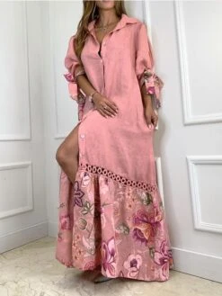 Women's Shirt Dress Casual Dress Shift Dress Long Dress Maxi Dress White Yellow Pink 3/4 Length Sleeve Floral Split Summer Spring Shirt Collar Fashion Loose Fit 2023 S M L XL 2XL 3XL 4XL -HAYz Clothing Shop bvypac1672050943205
