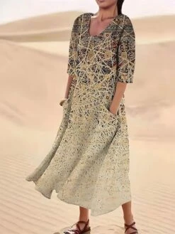 Women's Casual Dress Cotton Linen Dress Midi Dress Polyester Fashion Casual Daily Outdoor Daily Vacation Crew Neck Pocket Print Half Sleeve Summer Spring Fall 2023 Loose Fit Yellow Dark Pink Navy Blue -HAYz Clothing Shop bwbcqo1690365972791