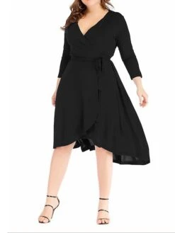 Women's Plus Size Curve Work Dress Black Dress A Line Dress Fashion Midi Dress Lace Up Asymmetrical V Neck 3/4 Length Sleeve Plain Loose Fit Black Blue Fall XL XXL 3XL 4XL 5XL -HAYz Clothing Shop bwbjti1693203429871