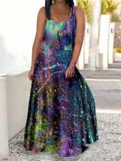 Women‘s Plus Size Curve Casual Sweater Dress Swing Sweater Dress Strap Sweater Dress Color Block Gradient Long Sweater Dress Maxi Sweater Dress Sleeveless Print Strap Romantic Daily Yellow Blue Summer -HAYz Clothing Shop bwgsay1680764873987