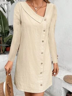 Women's Casual Dress Cotton Linen Dress A Line Dress Mini Dress Linen / Cotton Blend Fashion Classic Outdoor Daily Vacation V Neck Button Long Sleeve Fall Winter Autumn 2023 Loose Fit Khaki Plain S M