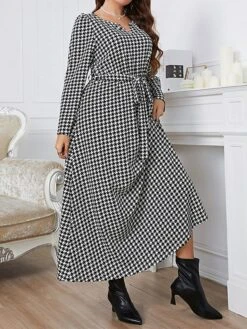 Women's Plus Size Party Dress Wedding Guest Dress Tunic Dress Long Dress Maxi Dress Black Long Sleeve Plaid With Belt Spring Fall Winter V Neck Fashion Winter Dress Evening Party Wedding Guest 2023 -HAYz Clothing Shop bwkmop1693535293198