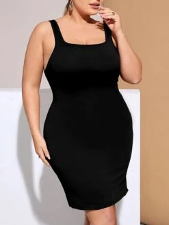 Women's Plus Size Curve Party Dress Wedding Guest Dress Sheath Dress Mini Dress Black Sleeveless Pure Color Backless Fall Winter Autumn Square Neck Fashion Wedding Guest Vacation XL XXL 3XL -HAYz Clothing Shop bwnyvw1692165685461