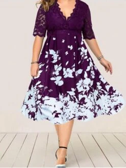Women‘s Plus Size Curve Party Dress Floral V Neck Lace Half Sleeve Fall Spring Work Vintage Midi Dress Daily Vacation Dress Homecoming Dress Print -HAYz Clothing Shop bxgjxf1631239764732