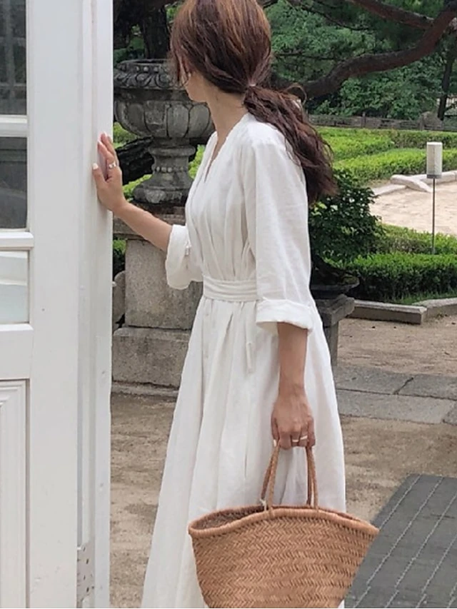 Women's Cotton Linen Dress Loose White Dress Maxi Long Dress Linen Cotton Blend Casual V Neck Puff Sleeve Tie Belt Half Sleeve Summer Spring 2022 Regular Fit Black White Pure Color S M L XL 3 Women's Cotton Linen Dress Loose White Dress Maxi Long Dress Linen Cotton Blend Casual V Neck Puff Sleeve Tie Belt Half Sleeve Summer Spring 2022 Regular Fit Black White Pure Color S M L XL - Image 3
