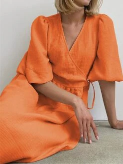 Women's Casual Dress Cotton Linen Dress Wrap Dress Midi Dress Cotton Basic Classic Outdoor Daily Vacation V Neck Lace Up Half Sleeve Spring Fall Autumn 2023 Regular Fit Orange Green Plain S M L -HAYz Clothing Shop bxnjnd1692872419204