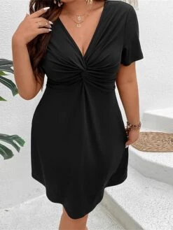 Women's Plus Size Curve Party Dress Cocktail Dress Black Dress Midi Dress Black Short Sleeve Pure Color Knot Front Summer Spring Fall V Neck Fashion Birthday Wedding Guest Vacation 2023 XL XXL 3XL -HAYz Clothing Shop bxnqwb1692000633394