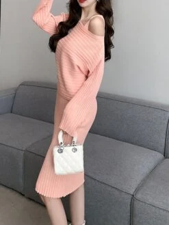Women's Two Piece Dress Set Casual Dress Skirt Set Outdoor Daily Fashion Streetwear Ruched Midi Dress V Neck Long Sleeve Plain Slim Black Pink Green Fall Winter One-Size -HAYz Clothing Shop bxscet1693374465661