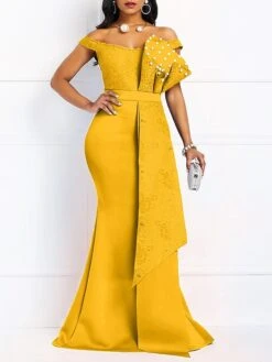 Women‘s Plus Size Curve Party Dress Sheath Dress Black Dress Solid Color Long Dress Maxi Dress Sleeveless Lace Ruffle Off Shoulder Fashion Party Yellow Red Summer Spring L XL XXL 3XL -HAYz Clothing Shop bygwjz1680602311968