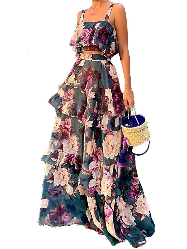 Women's Two Piece Dress Set Casual Dress Skirt Set Daily Date Active Streetwear Ruffle Layered Midi Dress Strap Sleeveless Floral Regular Fit Green Fall Winter S M L XL XXL 3 Women's Two Piece Dress Set Casual Dress Skirt Set Daily Date Active Streetwear Ruffle Layered Midi Dress Strap Sleeveless Floral Regular Fit Green Fall Winter S M L XL XXL - Image 3