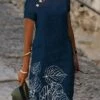 Women's Casual Dress Cotton Linen Dress Shift Dress Midi Dress Cotton Blend Fashion Casual Outdoor Daily Vacation Stand Collar Button Print Short Sleeve Summer Spring 2023 Regular Fit Navy Blue Leaf