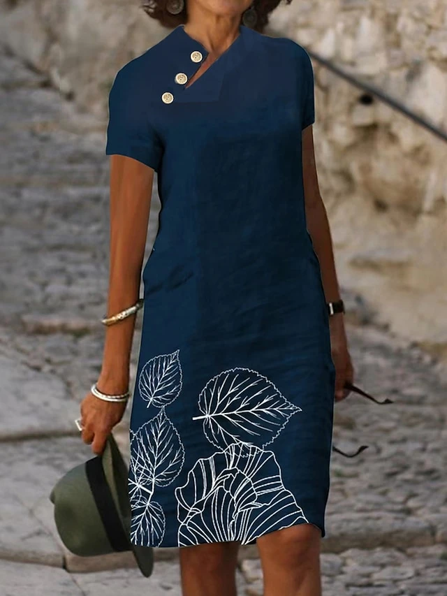 Women's Casual Dress Cotton Linen Dress Shift Dress Midi Dress Cotton Blend Fashion Casual Outdoor Daily Vacation Stand Collar Button Print Short Sleeve Summer Spring 2023 Regular Fit Navy Blue Leaf 1 Women's Casual Dress Cotton Linen Dress Shift Dress Midi Dress Cotton Blend Fashion Casual Outdoor Daily Vacation Stand Collar Button Print Short Sleeve Summer Spring 2023 Regular Fit Navy Blue Leaf