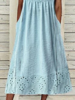 Women's Casual Dress Cotton Linen Dress Swing Dress Midi Dress Cotton Blend Basic Modern Outdoor Daily Crew Neck Lace Ruched Short Sleeve Summer Spring 2023 Loose Fit Blue Plain S M L XL 2XL -HAYz Clothing Shop bysugc1684747226572