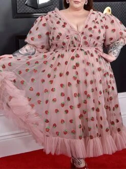 Women‘s Plus Size Curve Party Dress Swing Dress A Line Dress Strawberry Long Dress Maxi Dress Half Sleeve Mesh Patchwork V Neck Fashion Party Pink Spring Summer L XL XXL 3XL 4XL -HAYz Clothing Shop byvpum1676963391671