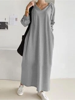 Women's Plus Size Curve Casual Dress Hoodie Dress Solid Color Long Dress Maxi Dress Long Sleeve Pocket Hooded Fashion Outdoor Black Khaki Fall Winter L XL XXL 3XL 4XL -HAYz Clothing Shop bzdwjc1693970749436