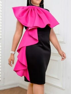 Women's Plus Size Curve Party Dress Cocktail Dress Bodycon Color Block Midi Dress Sleeveless Ruffle Bow Crew Neck Fashion Party Fuchsia Fall Winter XL XXL 3XL 4XL
