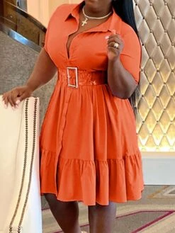 Women‘s Plus Size Curve Shirt Dress Solid Color Shirt Collar Ruffle Half Sleeve Spring Summer Casual Knee Length Dress Daily Holiday Dress -HAYz Clothing Shop bzteob1656491038077