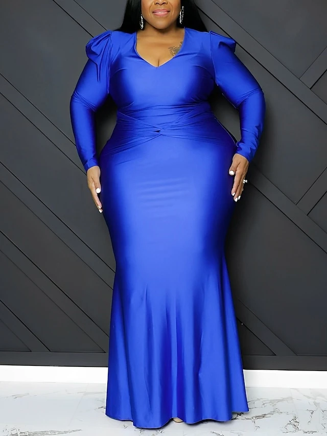 Women‘s Plus Size Curve Party Dress Bodycon Solid Color Long Dress Maxi Dress Long Sleeve Ruched V Neck Elegant Party Camel Black Summer Spring XL XXL 3XL 4XL 5XL 4 Women‘s Plus Size Curve Party Dress Bodycon Solid Color Long Dress Maxi Dress Long Sleeve Ruched V Neck Elegant Party Camel Black Summer Spring XL XXL 3XL 4XL 5XL - Image 4
