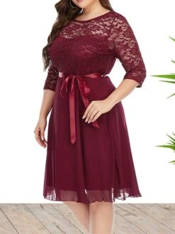 Women's Plus Size Curve Party Dress Lace Dress Sheath Dress Solid Color Midi Dress 3/4 Length Sleeve Lace Up Lace Crew Neck Fashion Wedding White Wine Spring Fall XL XXL 3XL 4XL 5XL -HAYz Clothing Shop caesbf1693533324567