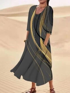 Women's Casual Dress Cotton Linen Dress Midi Dress Polyester Fashion Casual Daily Outdoor Daily Vacation Crew Neck Pocket Print Half Sleeve Summer Spring Fall 2023 Loose Fit Light Pink Pink Navy Blue -HAYz Clothing Shop cafqal1690365477879