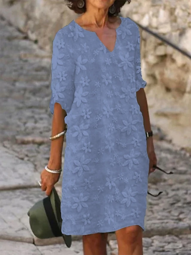 Women's Cotton Linen Dress Casual Dress Shift Dress Midi Dress Cotton Fashion Modern Outdoor Daily Vacation V Neck Print Half Sleeve Summer Spring 2023 Loose Fit White Blue Green Flower S M L XL 2XL 2 Women's Cotton Linen Dress Casual Dress Shift Dress Midi Dress Cotton Fashion Modern Outdoor Daily Vacation V Neck Print Half Sleeve Summer Spring 2023 Loose Fit White Blue Green Flower S M L XL 2XL - Image 2