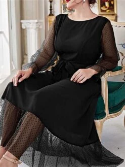 Women's Plus Size Prom Dress Party Dress Wedding Guest Dress Long Dress Maxi Dress Black Brown Long Sleeve Pure Color Lace Up Fall Winter Autumn Crew Neck Fashion Winter Dress Evening Party Wedding -HAYz Clothing Shop caspdr1693535306709