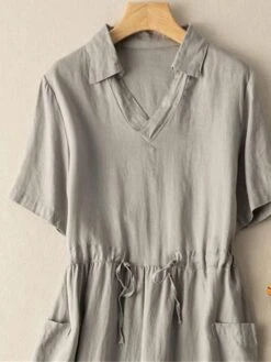 Women's Casual Dress Cotton Linen Dress A Line Dress Midi Dress Cotton Blend Basic Casual Outdoor Vacation Shirt Collar Pocket Short Sleeve Summer Spring 2023 Regular Fit Red Green Gray Plain M L XL -HAYz Clothing Shop cassdl1682673451946