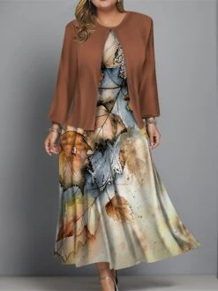 Women's Plus Size Two Piece Dress Set Casual Dress Swing Dress Outdoor Office Fashion Streetwear Print Midi Dress Crew Neck Long Sleeve Leaf Regular Fit Blue Brown Khaki Fall Winter L XL XXL 3XL 4XL -HAYz Clothing Shop cavhvz1697681151536
