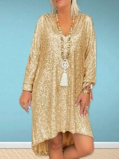 Women's Casual Dress Shift Dress Mini Dress Plus High Low Daily Date Vacation Active Fashion V Neck Long Sleeve 2023 Loose Fit Silver Gold Gray Color M L XL XXL 3XL Size -HAYz Clothing Shop caxcmb1692687802746