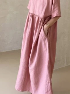 Women's Casual Dress Cotton Linen Dress Tiered Dress Maxi Long Dress Linen / Cotton Blend Daily Casual Outdoor Home Daily Crew Neck Pocket Short Sleeve Summer Spring 2023 Loose Fit Yellow Pink Plain -HAYz Clothing Shop cbcyon1689933419578