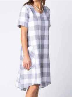 Women's Casual Dress Cotton Linen Dress Shift Dress Midi Dress Cotton Blend Basic Classic Outdoor Daily Vacation V Neck Pocket Print Short Sleeve Summer Spring 2023 Loose Fit Pink Gray Plaid S M L XL -HAYz Clothing Shop cbhkuz1686304039320