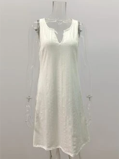 Women's Casual Dress Cotton Linen Dress White Dress Midi Dress Polyester Basic Classic Outdoor Daily Split Neck Eyelet Sleeveless Summer Spring 2023 Regular Fit Black White Pink Plain S M L XL 2XL -HAYz Clothing Shop cbjtxx1695279299195