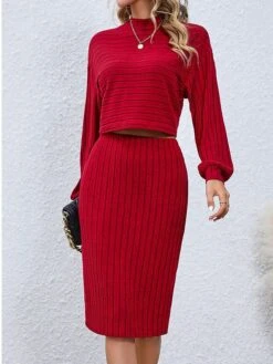 Women's Two Piece Dress Set Casual Dress Skirt Set Outdoor Daily Active Fashion Ribbed Midi Dress Turtleneck Long Sleeve Plain Loose Fit Black Wine Gray Fall Winter S M L XL XXL -HAYz Clothing Shop cbjzbi1693294049624