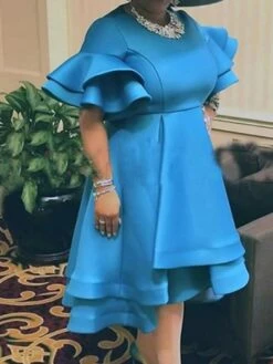 Women's Plus Size Party Dress Solid Color Crew Neck Ruffle Short Sleeve Fall Spring Work Elegant Prom Dress Knee Length Dress Formal Party Dress