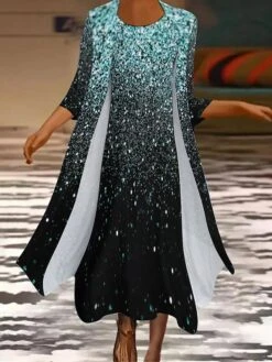 Women's Casual Dress Dress Set Two Piece Dress Midi Dress Pink Blue Gold 3/4 Length Sleeve Ombre Print Summer Spring Crew Neck Fashion 2023 S M L XL XXL 3XL -HAYz Clothing Shop cbtuww1671788816454