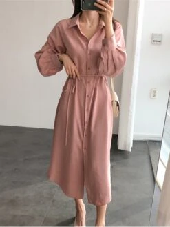Women's Shirt Dress Casual Dress Cotton Linen Dress Midi Dress Cotton Blend Basic Classic Outdoor Daily Vacation Shirt Collar Button Long Sleeve Spring Fall Autumn 2023 Loose Fit Pink Plain S M L XL -HAYz Clothing Shop cckueb1693226482618