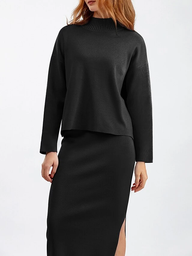 Women's Two Piece Dress Set Casual Dress Skirt Set Outdoor Daily Fashion Streetwear Split Ribbed Midi Dress Turtleneck Long Sleeve Plain Loose Fit Black Light Green Blue Fall One-Size 5 Women's Two Piece Dress Set Casual Dress Skirt Set Outdoor Daily Fashion Streetwear Split Ribbed Midi Dress Turtleneck Long Sleeve Plain Loose Fit Black Light Green Blue Fall One-Size - Image 5