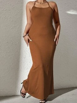 Women's Plus Size Curve Party Dress Wedding Guest Dress Bodycon Long Dress Maxi Dress Brown Long Sleeve Pure Color Backless Fall Winter Autumn Halter Neck Fashion Wedding Guest Vacation XL XXL 3XL -HAYz Clothing Shop ccnipb1692165954316