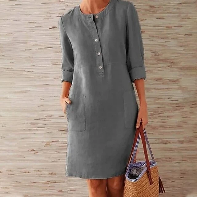 Women‘s Casual Dress Cotton Linen Dress Shift Dress Knee Length Dress Gray Khaki Orange Dark Gray Long Length Sleeve Pure Color Pocket Button Spring Summer Fall Crew Neck Basic Loose S M L XL XXL 9 Women‘s Casual Dress Cotton Linen Dress Shift Dress Knee Length Dress Gray Khaki Orange Dark Gray Long Length Sleeve Pure Color Pocket Button Spring Summer Fall Crew Neck Basic Loose S M L XL XXL - Image 9