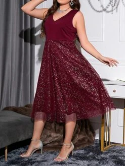 Women's Plus Size Curve Party Dress Wedding Guest Dress Black Dress Midi Dress Black Red Dark Blue Sleeveless Polka Dot Mesh Summer Spring Fall V Neck Fashion Birthday Wedding Guest Vacation XL XXL -HAYz Clothing Shop ccsskw1691746181549