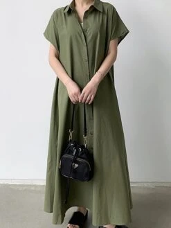 Women's Shirt Dress Casual Dress Maxi Long Dress Outdoor Daily Cotton Linen Basic Classic Shirt Collar Button Short Sleeve Summer Spring 2023 Loose Fit Navy Blue Brown Green Pure Color S M L XL XXL