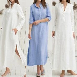 Women's Cotton Dress Pajamas Nightgown Nighty Pure Color Retro Comfort Home Daily Stand Collar Long Sleeve Button Summer Fall Spring White Blue -HAYz Clothing Shop cdppmv1654080574138